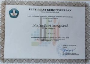 Pemilihan Duta Bahasa Jawa Timur tahun 2018 pada tanggal 10-11 Juli tahun 2018,  a.n. Nurina Putri Manggiasih 